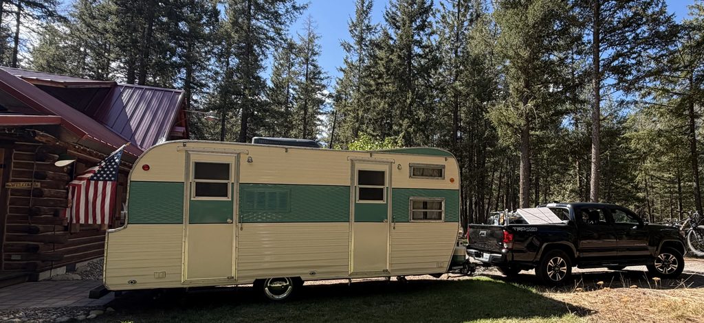 1968 Frolic Trailer parked in front of our cabin in Mazama - ready to roll out!